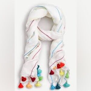 J. Crew White Scarf with Colorful Pom-Poms Color Burst Tassel Wrap.